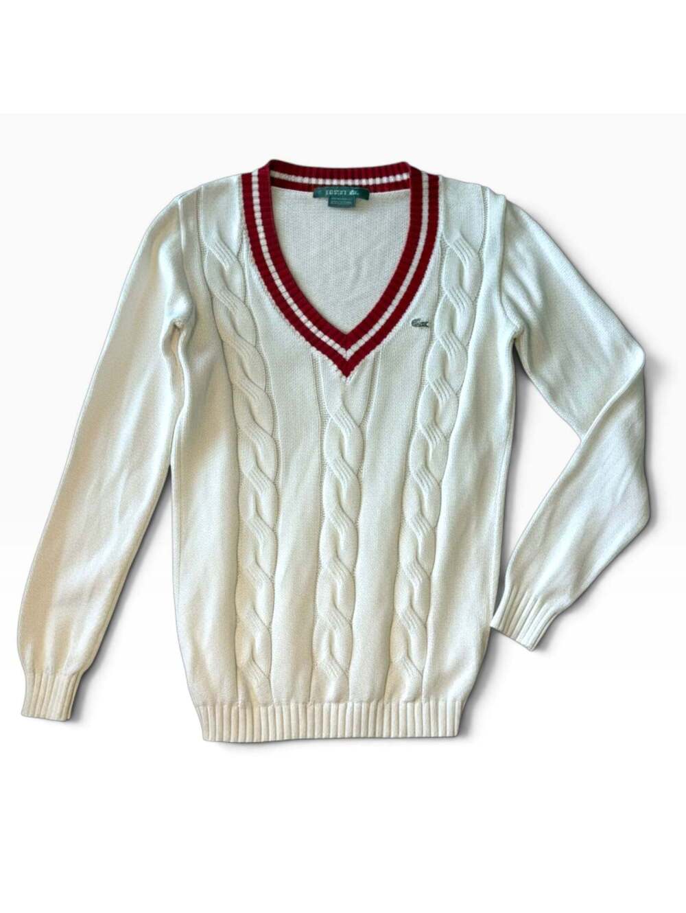 Vintage Lacoste Made in France White Cable Knit Tennis V-Neck Sweater Size 38